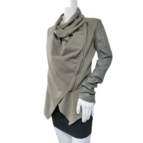 Blank NYC Faux Suede Leather Draped Moto Asymmetrical Jacket Green XS - Picture 2 of 15